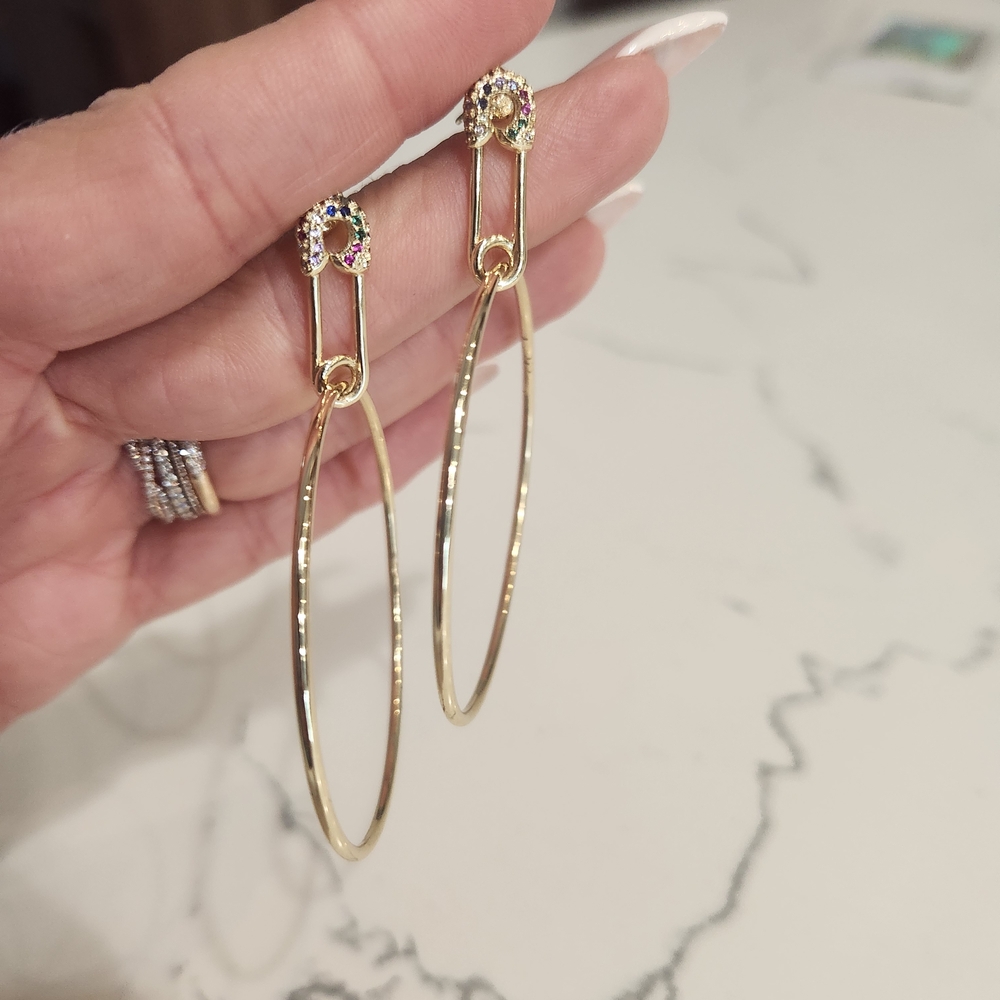 Melinda Maria Gold Hoop Earrings with Multicolor Safety Pin Accents
